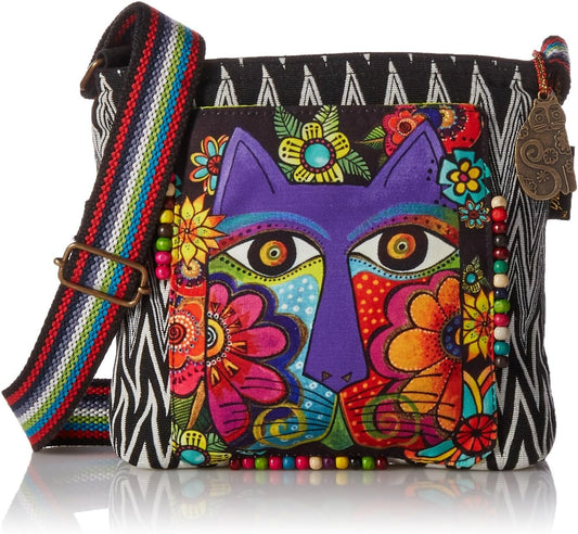 Laurel Burch 138199 Crossbody 13.5"X4"X10", Blossoming Feline,Blk/Wht/Pur