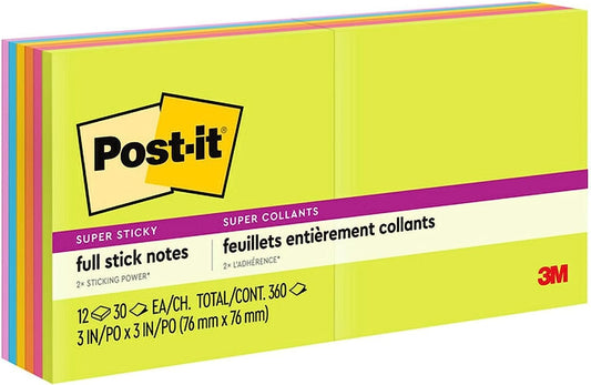 Post-it Super Sticky Full Stick Notes, 3x3 in, 12 Pads, 2x the Sticking Power, Energy Boost Collection, Bright Colors (Orange, Pink, Blue, Green), Recyclable (F330-12SSAU)