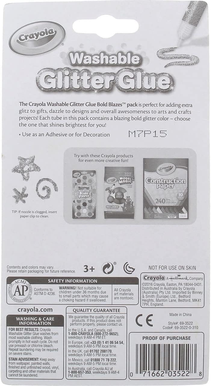 Crayola Washable Glitter Glue, Bold Blazes, Colors may vary, 5 Count, 1.75 oz