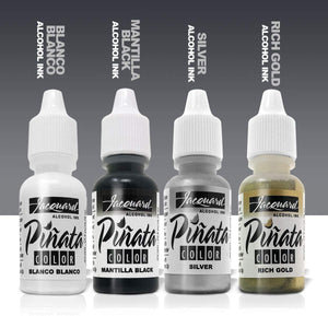 Jacquard Pinata Alcohol Inks 4 Pack Bundle, Blanco, Silver, Rich Gold, Mantilla Black and 10x Pixiss Ink Blending Tools