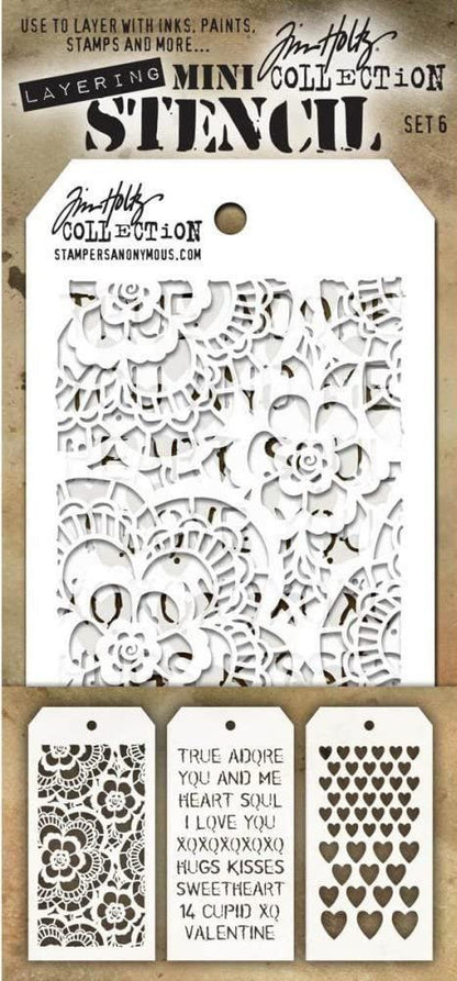 Tim Holtz - Nine Mini Layering Stencils - Latticework, Blossom, Gothic, Cargo, Bubble, Rays, Doily, Valentine and Hearts - aka sets 4, 5 & 6