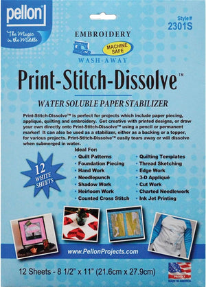 Pellon 2301S Print-Stitch-Dissolve Stabilizer for Embroidery, White, 8.5" x 11", 12 sheet ( Pack of 1 )