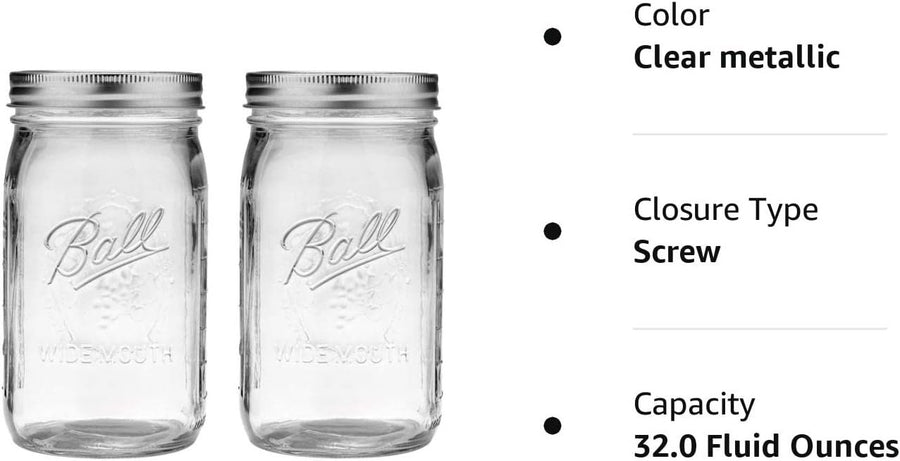 2 Mason Jar Wide Mouth 32 oz. (Quart) with Lid and Band - Clear