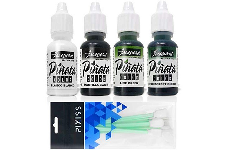 Jacquard Pinata Alcohol Inks 4 Pack Bundle, Blanco, Lime Green, Rainforest Green, Mantilla Black and 10X Pixiss Ink Blending Tools