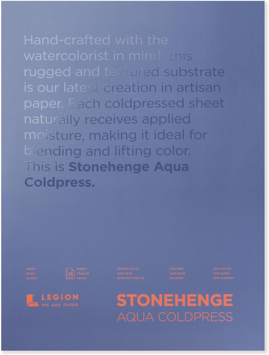 Stonehenge Aqua White Medium Weight Block, 140lb, Coldpress, 12 x 16 Inches, 15 Sheets for Wet and Dry Media