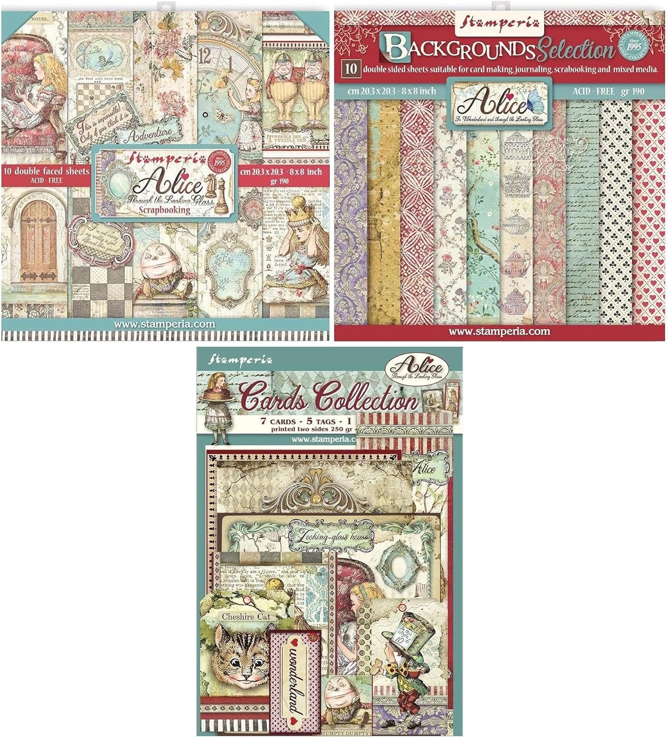 Stamperia International Alice Through The Looking Glass - 8 x 8 Decorative Paper Pad, Backgrounds & Cards - 3 Items