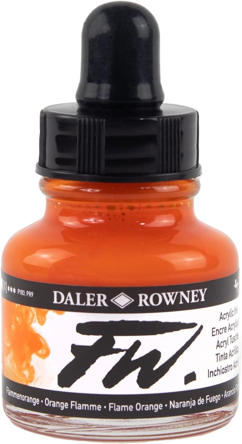 Daler-Rowney FW Acrylic Ink Bottle Flame Orange - Versatile Acrylic Drawing Ink for Artists and Students - Permanent Calligraphy Ink - Archival Ink for Illustrating and More