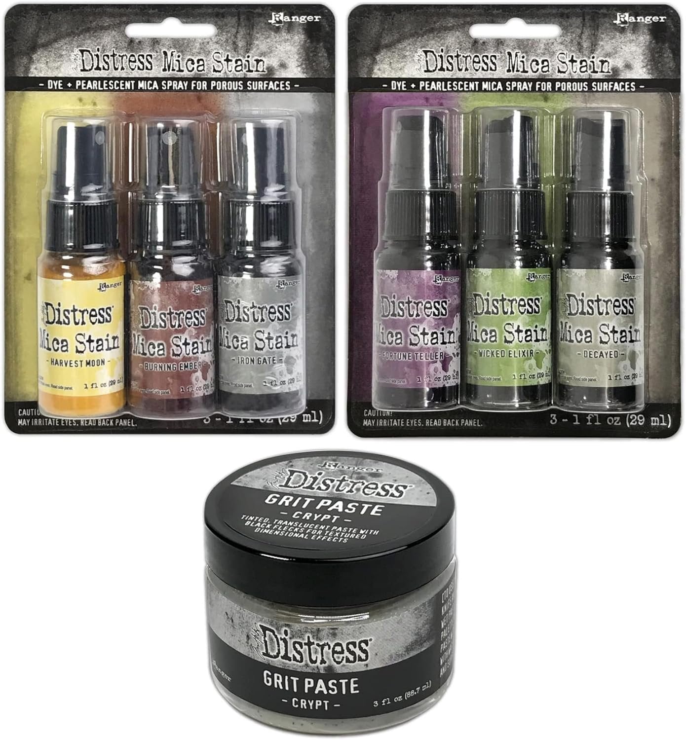 Tim Holtz Distress 2022 Halloween Mica Stains Sets #3 and #4 and Halloween Crypt Grit Paste - Limited Edition - 3 Item Bundle, red green