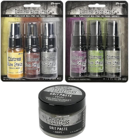 Tim Holtz Distress 2022 Halloween Mica Stains Sets #3 and #4 and Halloween Crypt Grit Paste - Limited Edition - 3 Item Bundle, red green