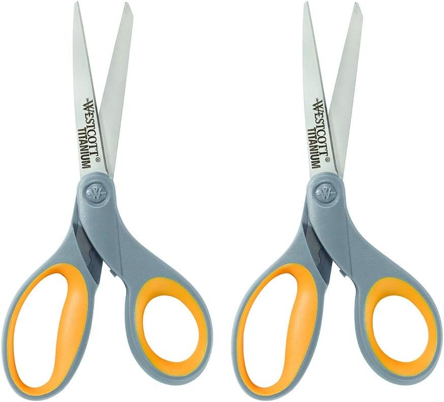 Westcott 13901 8-Inch Titanium Scissors For Office and Home, Yellow/Gray, 2 Pack