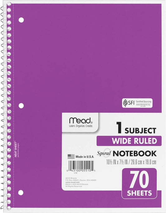 Mead Spiral Notebook, 1 Subject, Wide Ruled Paper