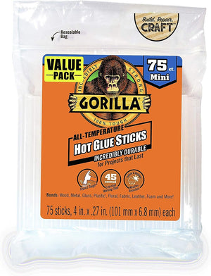 Gorilla Hot Glue Sticks, Mini Size, 4" Long x .27" Diameter, 75 Count, Clear, (Pack of 1)