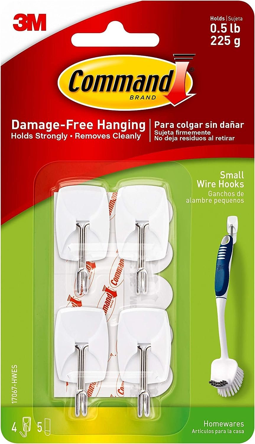 Command Small Wire Hooks, White, Holds up to 0.5 lbs, Indoor Use, 4-Hooks, 5-Strips, Organize Damage-Free