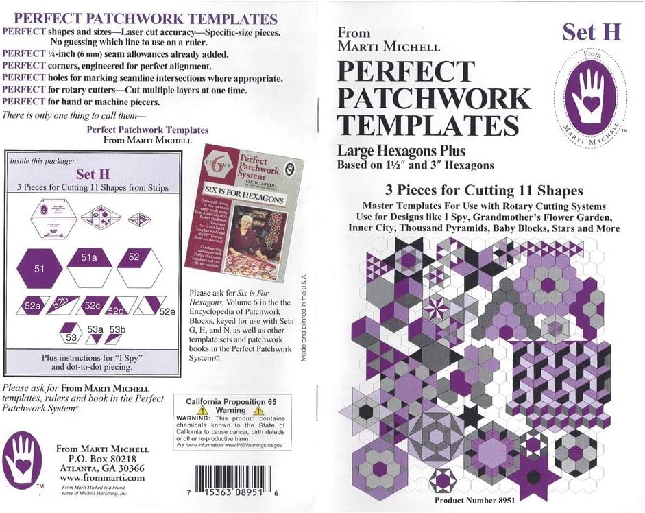 Marti Michell Hexagon Quilting Template Sets - 2 Items: Template Set H, Large Hexagons Plus and Template Set G, Small Hexagons Plus - Part of The Marti Michell Perfect Patchwork System for Quilting