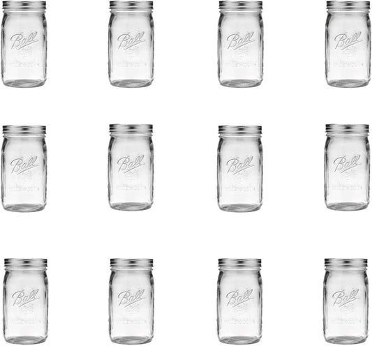 Ball Wide Mouth Clear Glass Canning Quart 32 Oz Mason Jars with Lids, 12 Pack