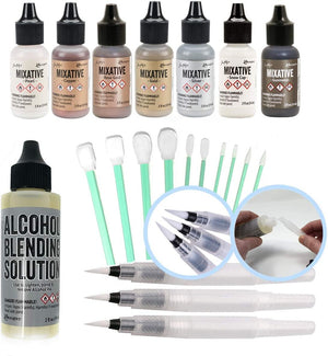 Ranger Tim Holtz Alcohol Ink Mixatives (All 7 Colors), 2-Ounce Ranger Blending Solution, 3 Pixiss Blending Brush Pens, 10 Pixiss Precision Ink Blending Tools