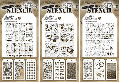Tim Holtz - Nine Mini Layering Stencils - Industrial, Gears, Plus, Clockwork, Numbered, Crackle, Typo, Splatters and Bricked - aka sets 1, 2 & 3