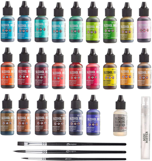 Ranger Tim Holtz Alcohol Ink Set, 24 Pack (Assorted Colors) .5oz | Alcohol Ink Blending Solution | Premium Brush Set for Alcohol Ink Paper | 1 Mini Spray Bottle