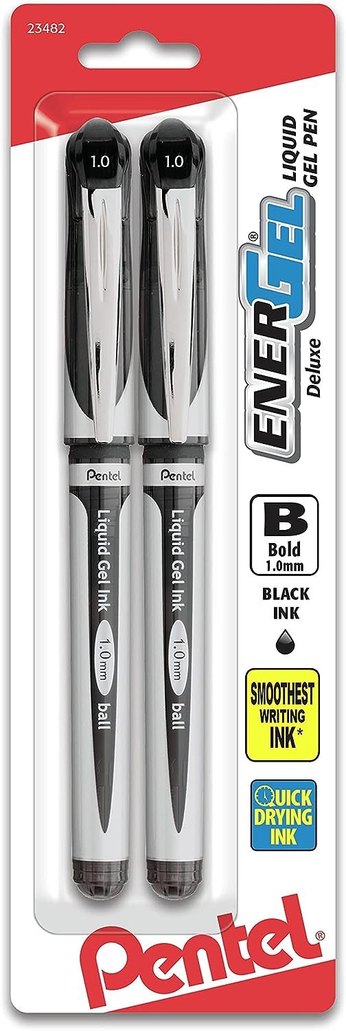Pentel EnerGel Gel Ink Pen, (1.0mm), Bold Point, Metal Tip, Black Ink, 2 Pack (BL60BP2A)