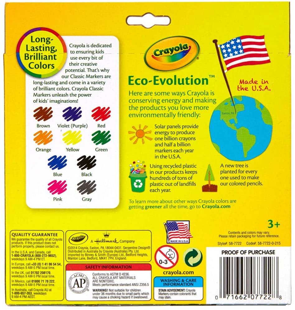 Crayola Broad Line Markers, Classic Colors 10 Each (Pack of 2)