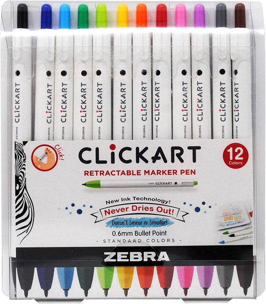 Zebra Pen Click Art Retractable Marker Pen, Fine Point, 0.6mm, Assorted Colors, 12 Pack