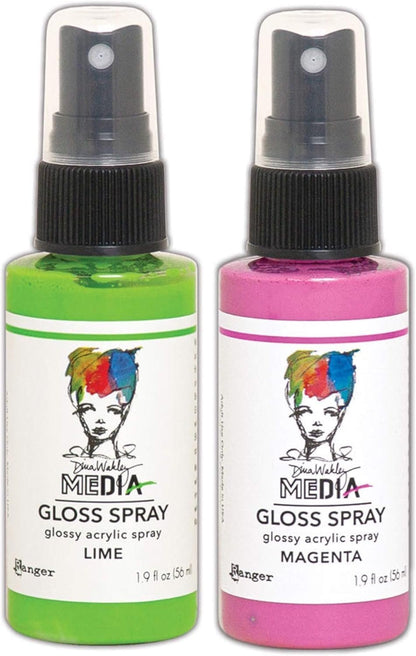 Dina Wakley MEdia Gloss Sprays by Ranger - Magenta, Cheddar, Lemon, Lime, Olive, Turquoise, Ocean, Marine, Night, Fuchsia, Eggplant, White, Bundle of 12 (1.9 Fl oz) Spray Bottles