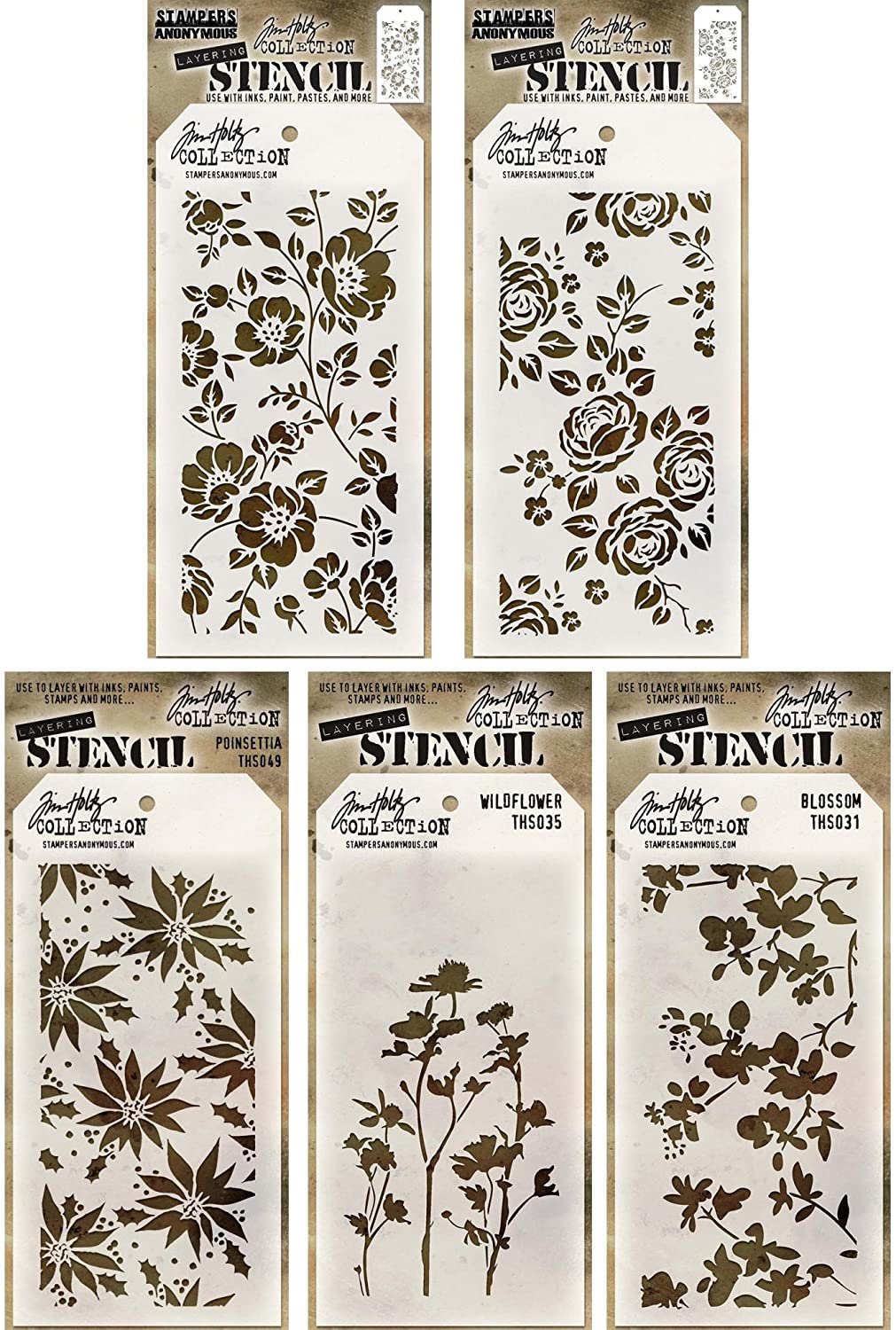Tim Holtz - Stencils Set 10 ("Flowers") - Five Item Bundle - Roses, Floral, Blossom, Poinsettia, and Wildflower