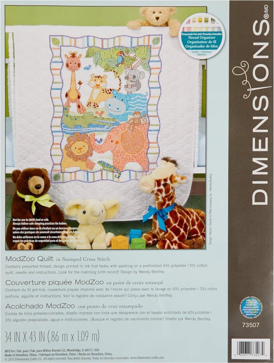 Dimensions Stamped Cross Stitch 'Baby Animals' DIY Baby Quilt, 34" x 43"