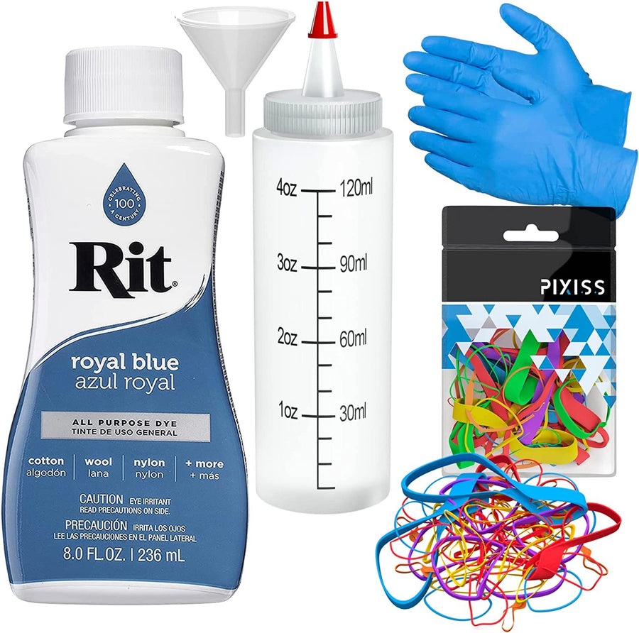 Rit Dye Liquid All-Purpose Dye 8oz, Pixiss Tie Dye Accessories Bundle with Rubber Bands, Gloves and Squeeze Bottle