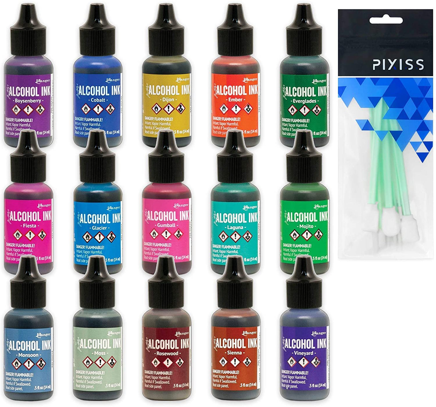 Ranger Alcohol Inks New 2020 Colors Bundle Boysenberry, Cobalt, Dijon, Ember, Everglades, Fiesta, Glacier, Gumball, Laguna, Mojito, Monsoon, Moss, Rosewood, Sienna, Vineyard
