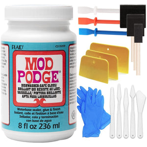 Mod Podge Waterbased Dishwasher Safe Sealer, Glue and Finish for Paper (8-Ounce), Pixiss Accessory Kit with Glue Spreaders, Gloves, Brushes, Palette Knife Set