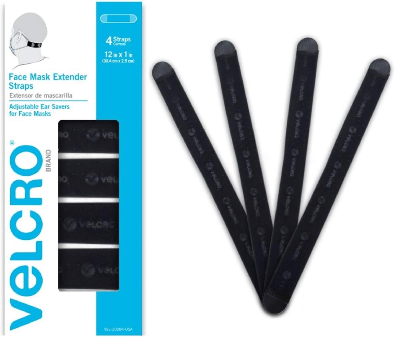 VELCRO Brand Face Mask Extender includes 4 Black Straps, 12” x 1” Comfortable and Adjustable Ear Savers, VEL-30084-USA