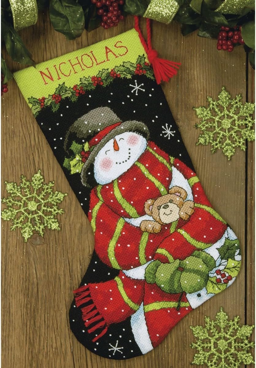 Dimensions Gold Collection Counted Cross Stitch 'Snowman Gathering' Personalized Christmas Stocking Kit, 18 Count White Aida, 16"