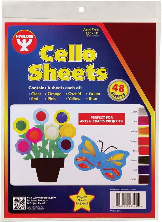 Hygloss Products Cellophane Sheets - 48 Cello Sheets - Great for Arts, Crafts, DIY Projects, Baskets, Wrapping Gifts, Classroom Activities, Holidays & Much More - 12 by 12 Inches, Assorted Colors
