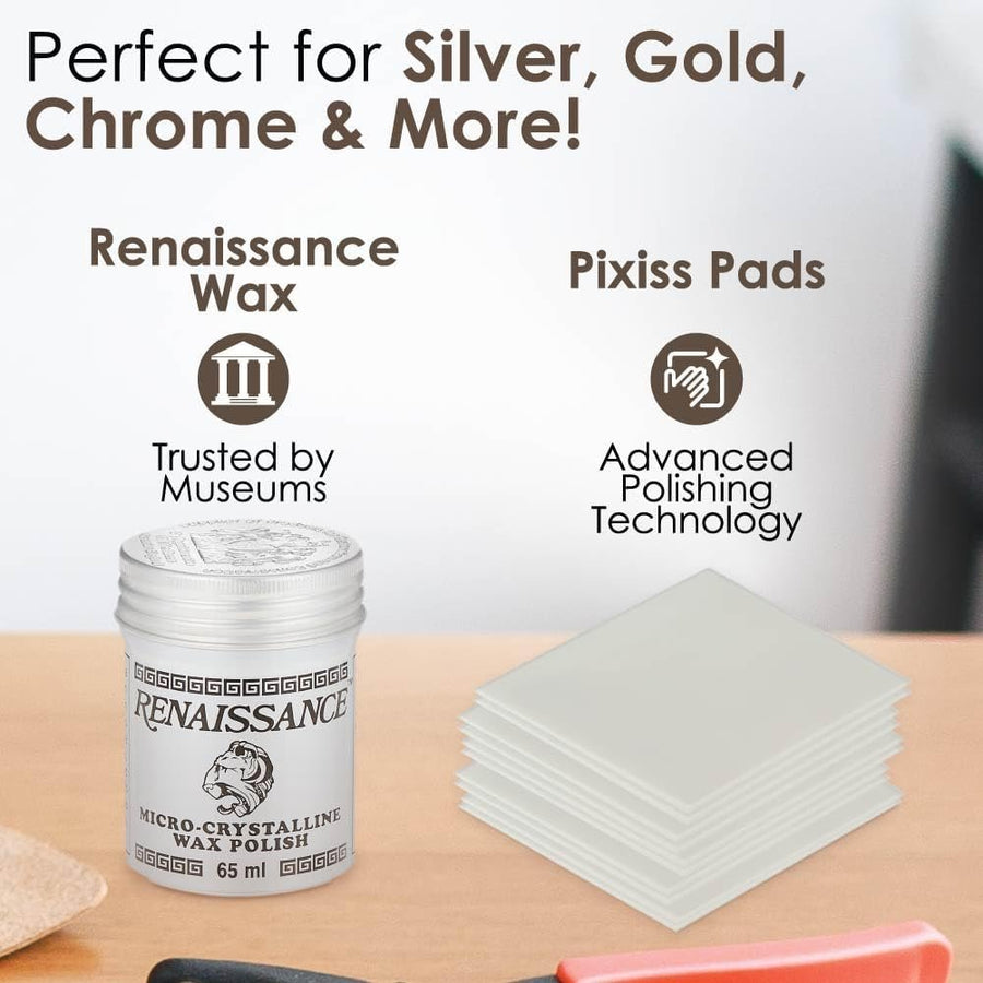 GRAS Art Bundles - Renaissance Wax (65 ml) and Pixiss Polishing Pads (10x) - Jewelry Wax and Jewelry Polish Pads for Jewelry Cleaning, Tarnish Removing, Antique Finishing