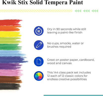 The Pencil Grip Kwik Stix Tempera Paints, Tempera Paint Pens, Super Quick Drying, 144 Assorted Classic Colors, Class Set- TPG-644