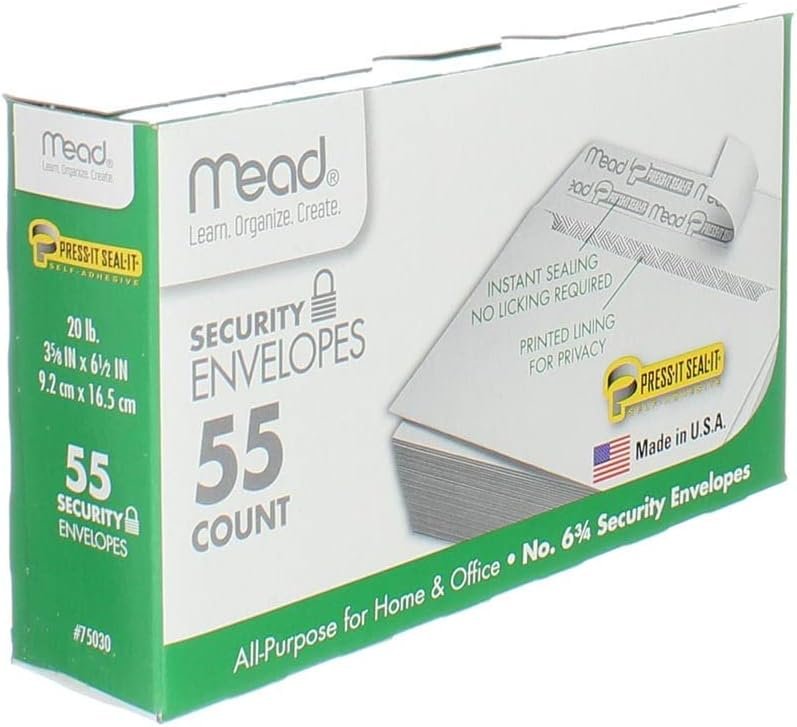 Mead Press-It Seal-It #6 3/4 Security Envelopes, 55 Count (75030)