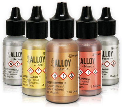 Alcohol Ink Alloys Complete Metallic Set | Ranger Tim Holtz Brand | Colors Include Gilded, Mined, Foundry, Statue, Sterling | 10 Pixiss Alcohol Ink Blending Tools