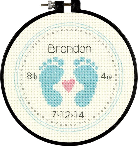 Dimensions Counted Cross Stitch Kit for Beginners, 'Baby Footprints' Birth Record Personalized Baby Gift, 14 Count Ivory Aida with 6'' Embroidery Hoop