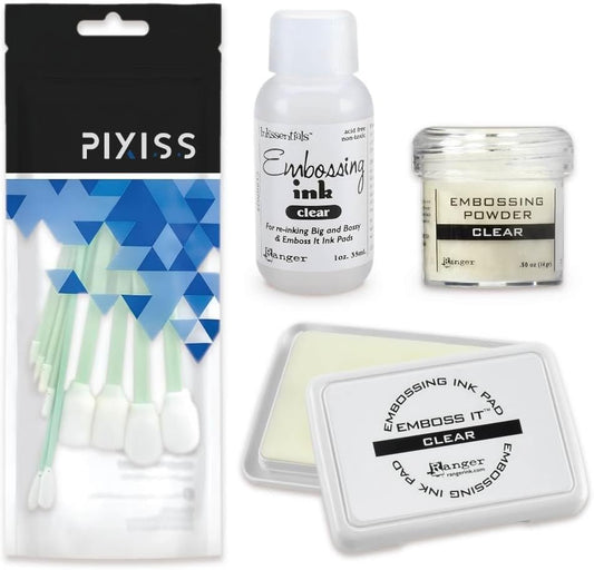 Ranger Emboss It Ink Pad and Reinker and Embossing Powder (Clear) and Blending Tools - Clear Embossing Ink Pad, Ink Refill, Embossing Powder and Blending Brush Tools for Card Making, Scrapbooking
