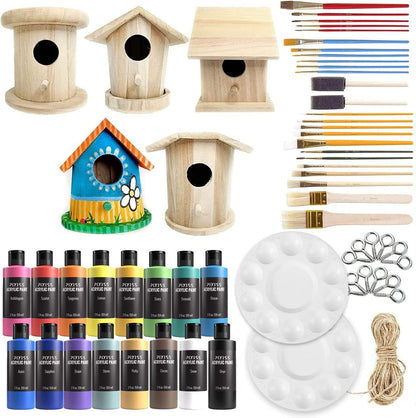Pixiss Birdhouse Craft Bundle - 6 Unfinished Pixiss Wood Birdhouses (5-7 Inches), 16x 2-Ounce Pixiss Acrylic Paints, 25 Assorted Brush Set, 2X Palettes