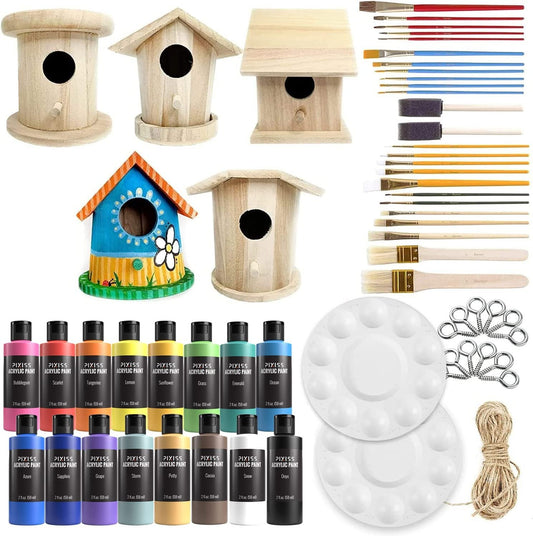 Pixiss Birdhouse Craft Bundle - 6 Unfinished Pixiss Wood Birdhouses (5-7 Inches), 16x 2-Ounce Pixiss Acrylic Paints, 25 Assorted Brush Set, 2X Palettes