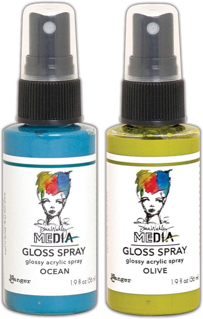 Dina Wakley MEdia Gloss Sprays by Ranger - Magenta, Cheddar, Lemon, Lime, Olive, Turquoise, Ocean, Marine, Night, Fuchsia, Eggplant, White, Bundle of 12 (1.9 Fl oz) Spray Bottles