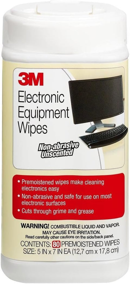 3M Electronic Equipment Cleaning Wipes, 1-Ply, 5.5 x 6.75, Unscented, White, 80/Canister