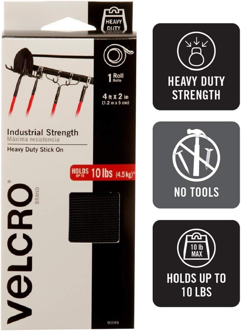VELCRO Brand - Industrial Strength | Indoor & Outdoor Use | Superior Holding Power on Smooth Surfaces | Size 4ft x 2in | Tape, Black - Pack of 1, (Model: 90593)