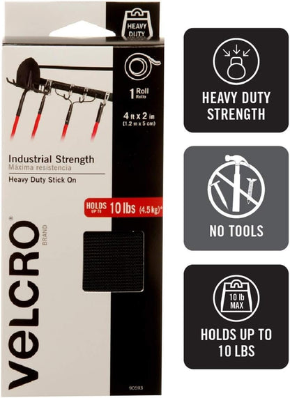 VELCRO Brand - Industrial Strength | Indoor & Outdoor Use | Superior Holding Power on Smooth Surfaces | Size 4ft x 2in | Tape, Black - Pack of 1, (Model: 90593)