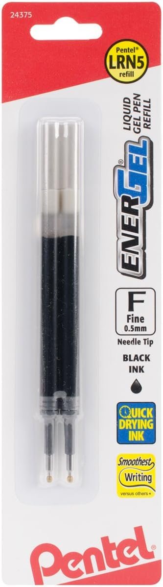 Pentel LRN5BP2A Refill Ink, for EnerGel & Lancelot Gel Pen, 0.5mm Needle Tip, Fine, Black Ink, 2 pieces per 1 pack