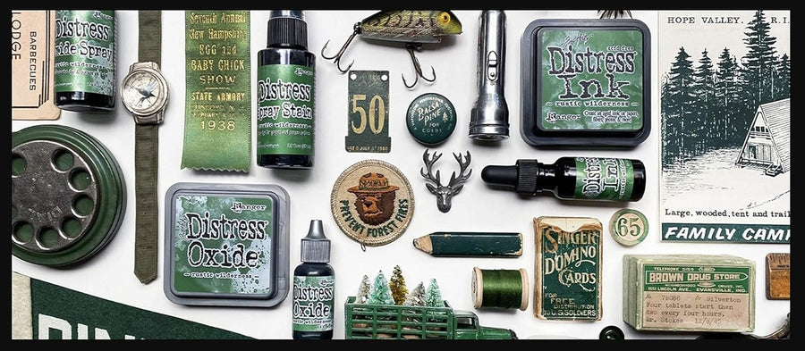 Tim Holtz Distress Rustic Wilderness November 2020 Release, Distress Ink Pad/Reinker, Oxide Ink Pad/Reinker, Embossing Glaze, Flip Top Paint, Oxide Spray, Spray Stain, Collector Enamel Pin, 9 Items