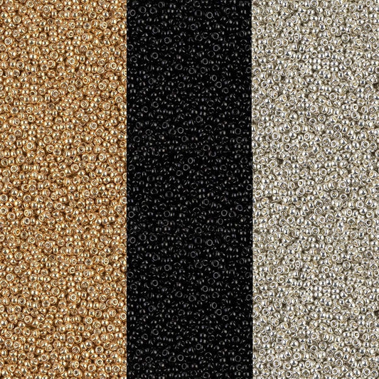 Metallic Miyuki Seed Beads Mix, Size 11/0, Galvanized Silver, Galvanized Gold and Black Opaque (22 Gram Tubes X 3)