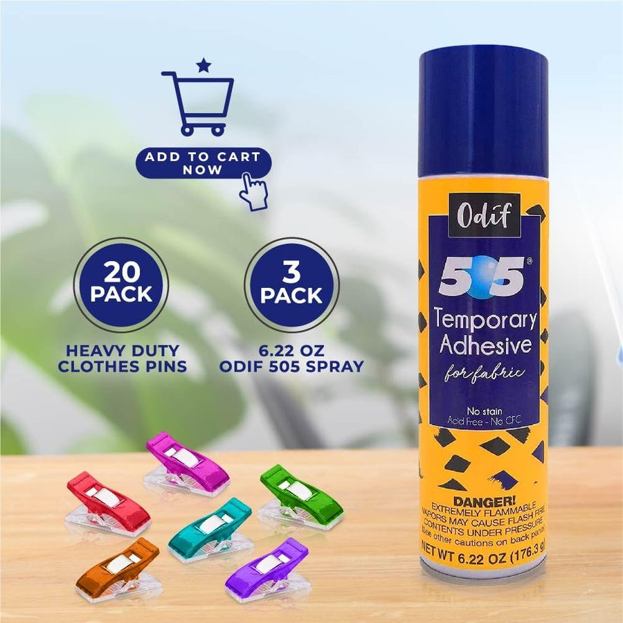 Odif's 505 Spray 6.22 Oz (3-Pack) - Temporary Basting Adhesive for Quilting, Embroidery, and Crafts - Low Tack Fabric Glue Spray - Machine Embroidery Supplies - Includes 25 Fabric Clips